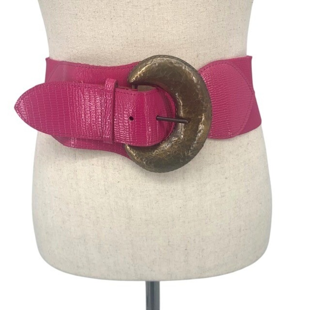 Vintage 80s Pink Wide Belt Hammered Gold Buckle Western Maximalist Statement